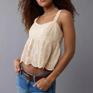 American Eagle XL Cream Boho Eyelet Lace Babydoll Country Cottage Festival Top